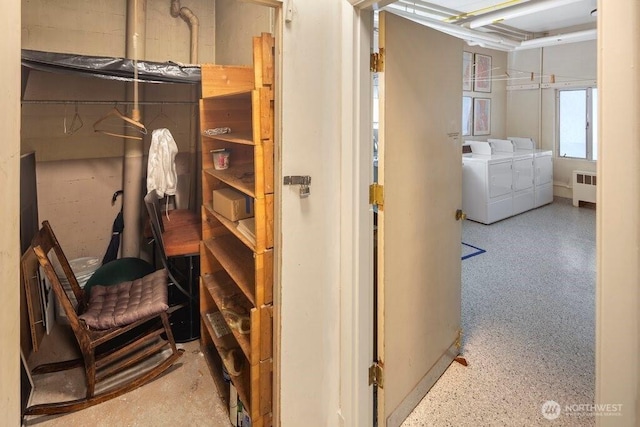 storage with radiator heating unit and independent washer and dryer