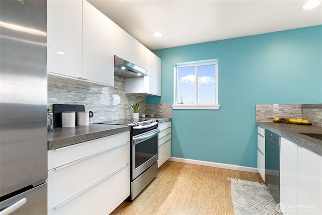 kitchen featuring ventilation hood, baseboards, stainless steel appliances, white cabinets, and dark countertops