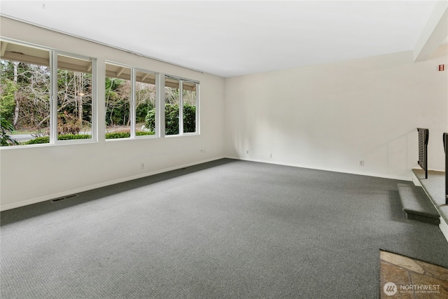 empty room featuring carpet floors, visible vents, and baseboards