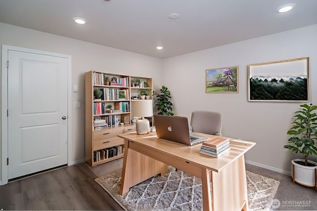 office space featuring recessed lighting, baseboards, and wood finished floors