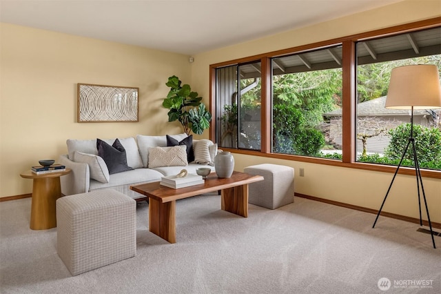 living area featuring carpet flooring and baseboards