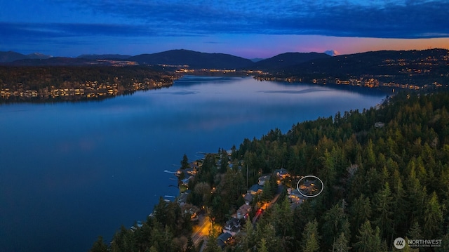 drone / aerial view with a water and mountain view