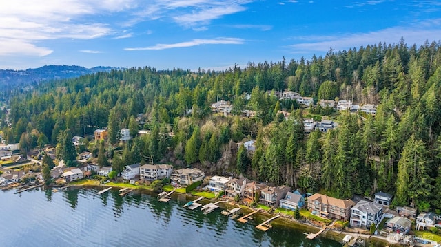 aerial view featuring a residential view, a water view, and a view of trees