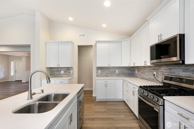 10707 212th St E, Graham, WA 98338 - kitchen with a sink, stainless steel appliances, light countertops, and vaulted ceiling