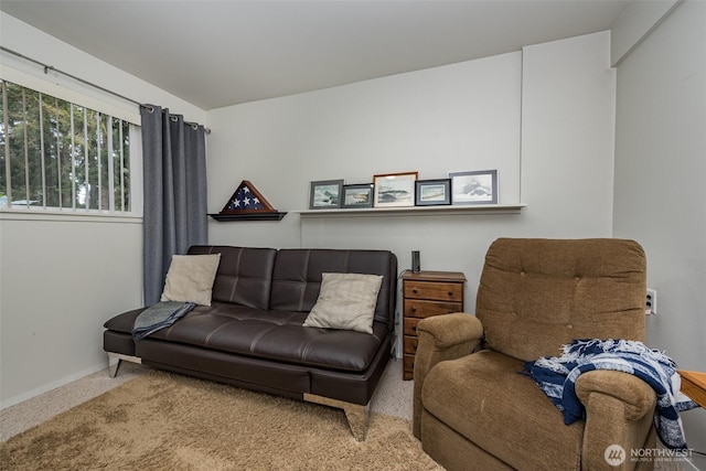 carpeted living area featuring baseboards