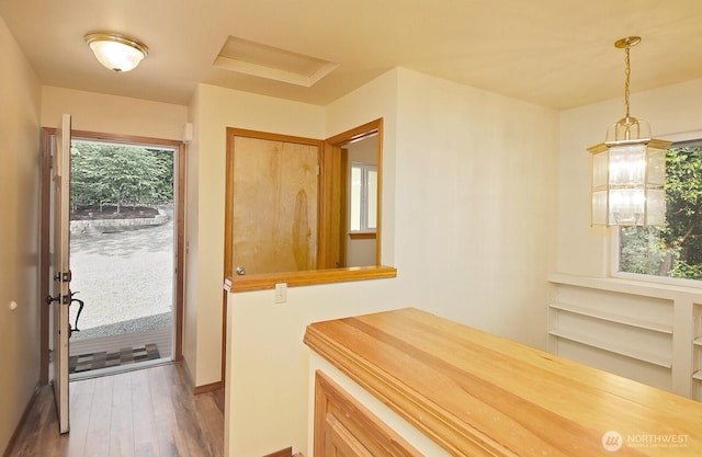 interior space with wood finished floors and attic access