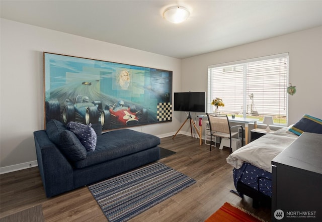 living area featuring baseboards and wood finished floors