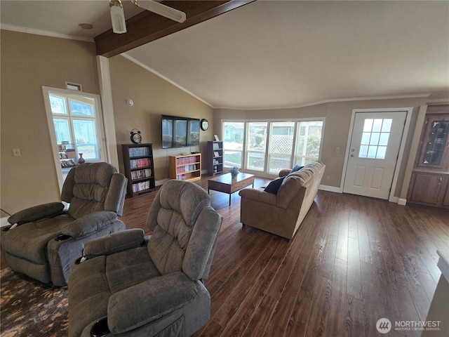 living area with lofted ceiling with beams, dark wood-style floors, baseboards, and crown molding