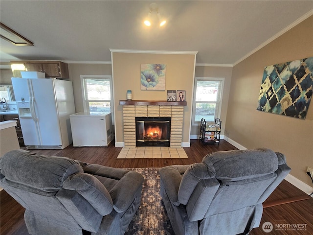 living area with plenty of natural light, a fireplace, and crown molding