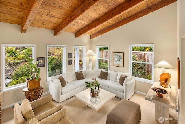 carpeted living room with vaulted ceiling with beams, wood ceiling, and baseboards