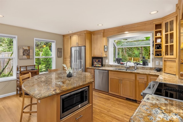 kitchen featuring light stone counters, light wood-style floors, appliances with stainless steel finishes, and a sink