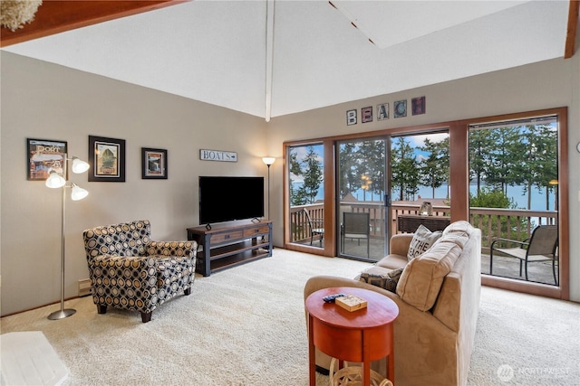 living area featuring vaulted ceiling and carpet floors