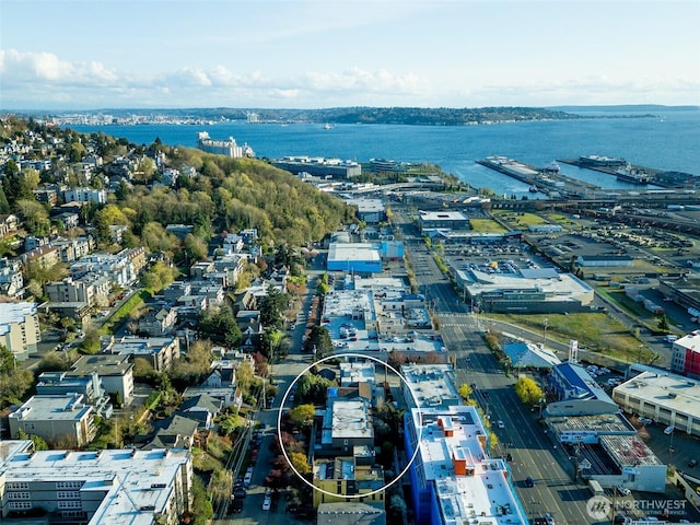 aerial view featuring a water view