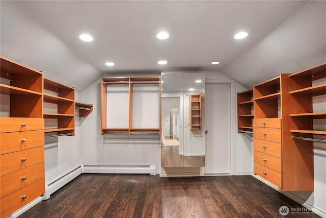 spacious closet with vaulted ceiling, a baseboard heating unit, dark wood-type flooring, and a baseboard radiator