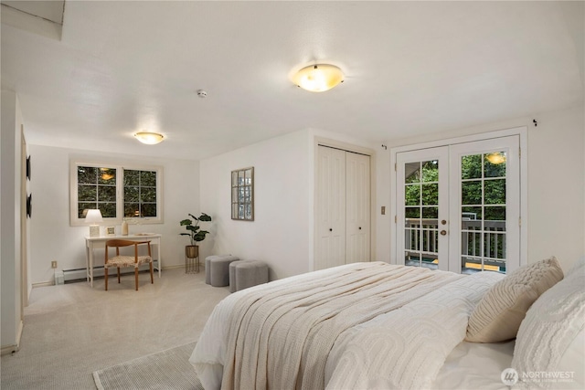 bedroom featuring baseboards, carpet, access to outside, french doors, and a baseboard heating unit