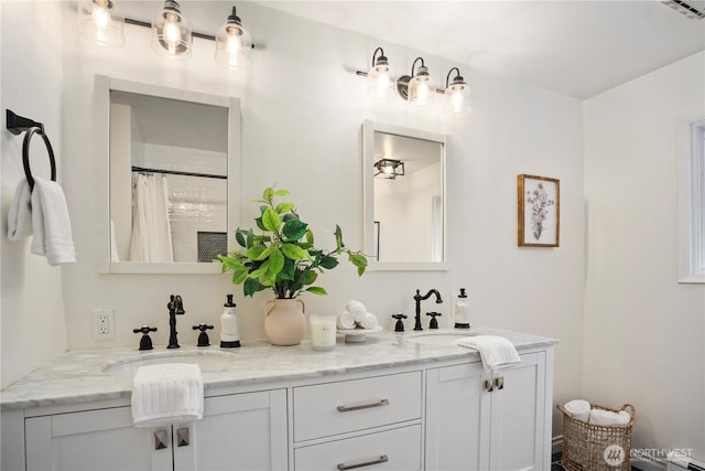 bathroom with double vanity, a sink, visible vents, and a shower with curtain