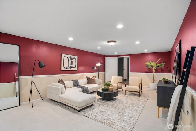 carpeted living room featuring recessed lighting