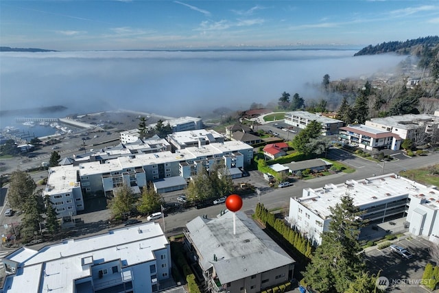 bird's eye view with a water view