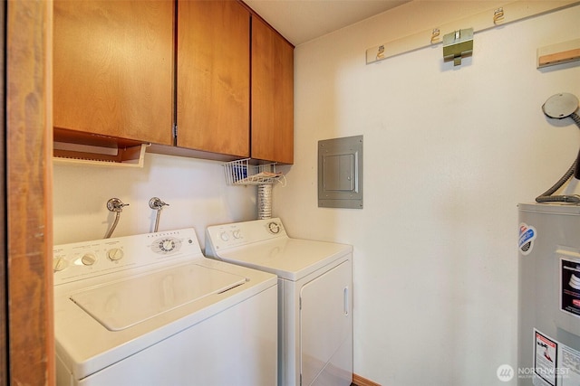 laundry area with cabinet space, washing machine and dryer, electric panel, and electric water heater