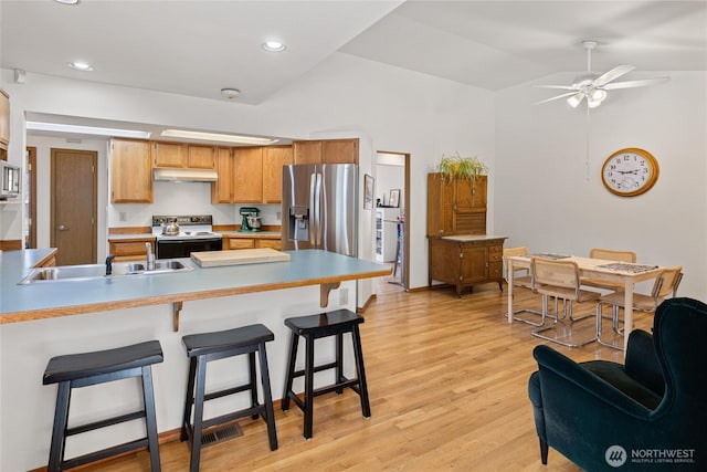 kitchen featuring electric stove, light wood-style flooring, a sink, stainless steel fridge, and a peninsula