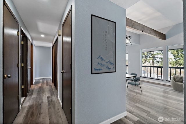 hall with baseboards and wood finished floors