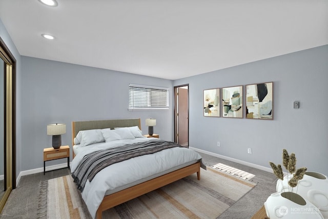 bedroom featuring recessed lighting, carpet flooring, and baseboards