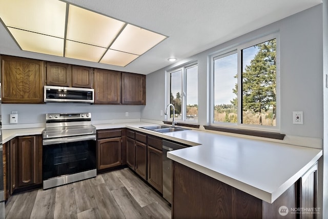 kitchen featuring a peninsula, stainless steel appliances, light countertops, light wood-style floors, and a sink