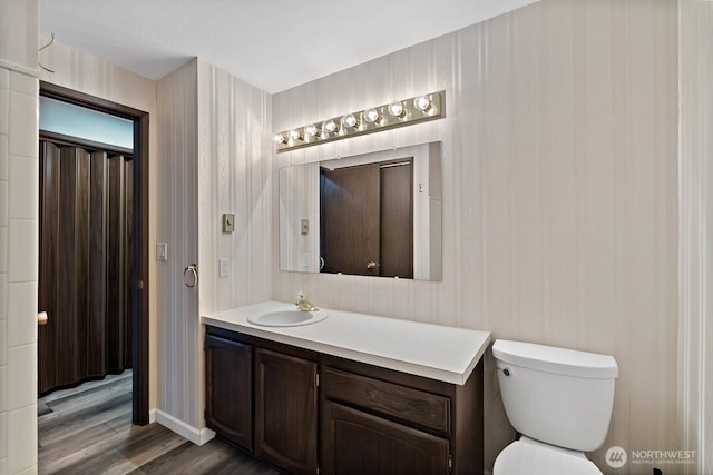 bathroom featuring vanity, toilet, and wood finished floors