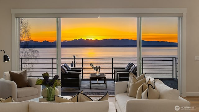 interior space with baseboards, a water and mountain view, and wood finished floors