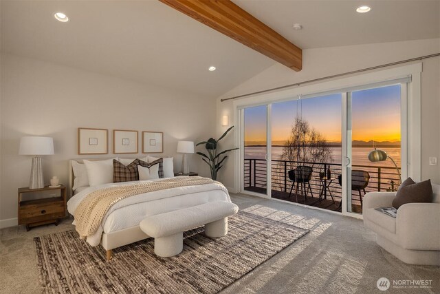 carpeted bedroom featuring access to exterior, recessed lighting, vaulted ceiling with beams, and baseboards