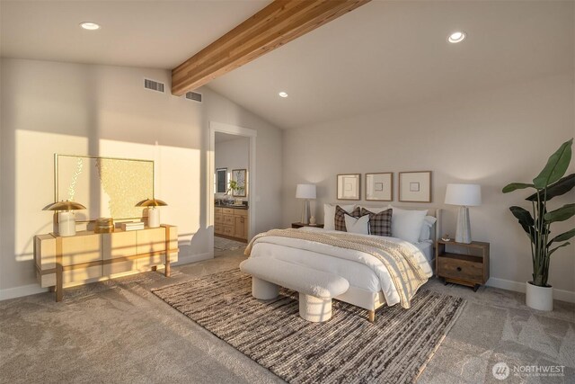 carpeted bedroom with recessed lighting, visible vents, lofted ceiling with beams, and baseboards