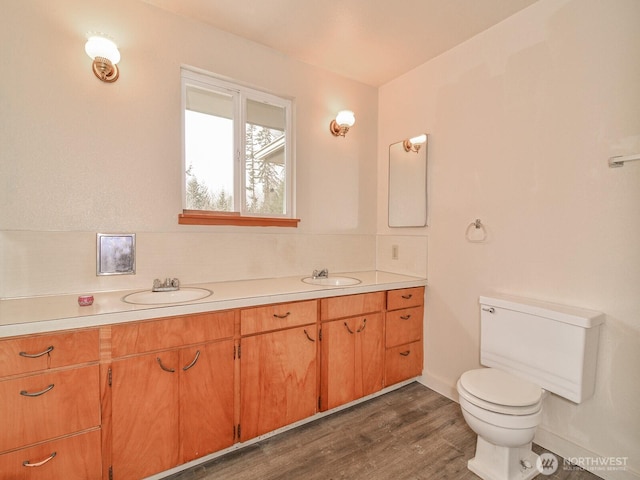 bathroom featuring toilet, double vanity, a sink, and wood finished floors