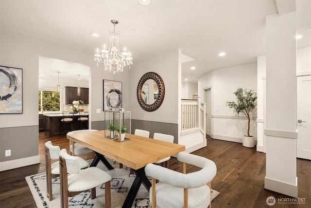 dining room with stairway, baseboards, an inviting chandelier, recessed lighting, and dark wood-type flooring