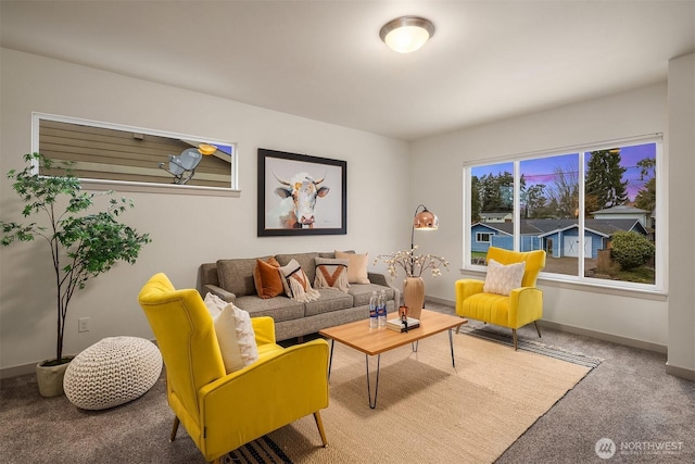 carpeted living area featuring baseboards