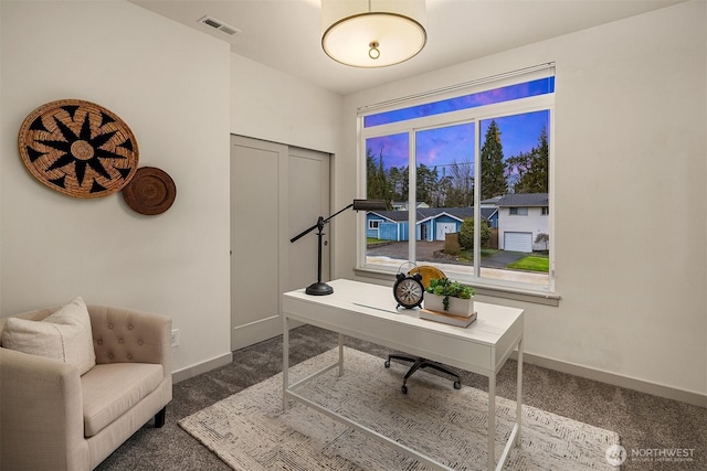 carpeted office with visible vents and baseboards