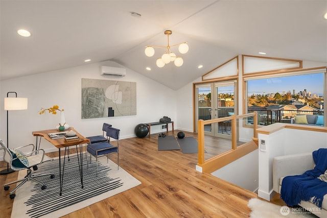 office with an AC wall unit, wood finished floors, recessed lighting, lofted ceiling, and a chandelier