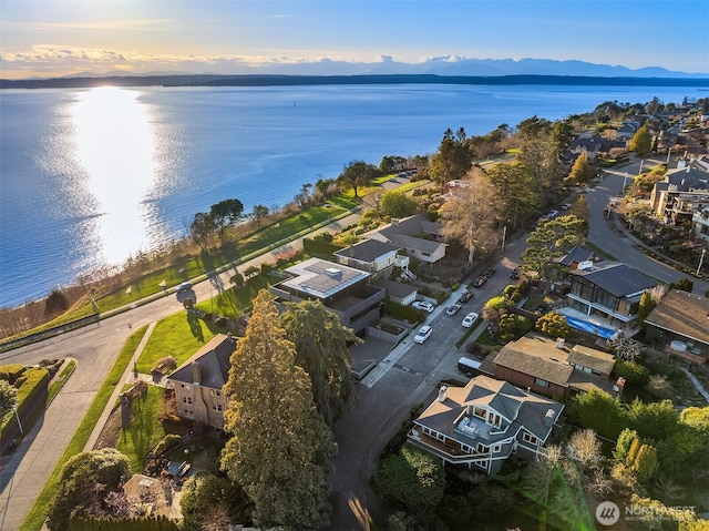 aerial view at dusk featuring a residential view and a water view