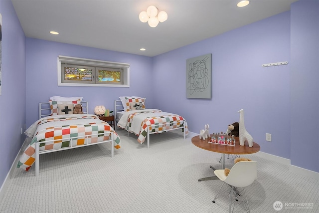 bedroom with recessed lighting, baseboards, and carpet floors