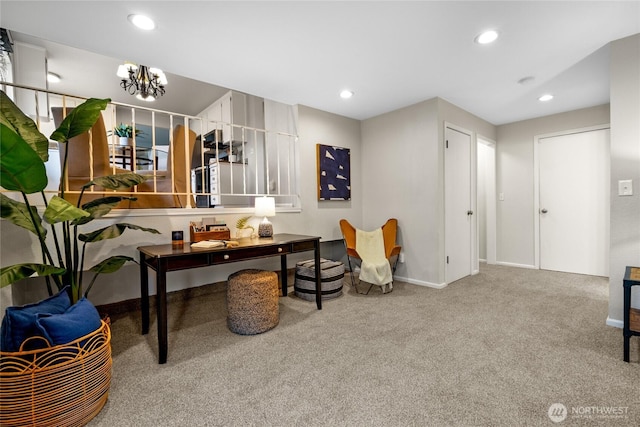 carpeted office space with recessed lighting, a notable chandelier, and baseboards