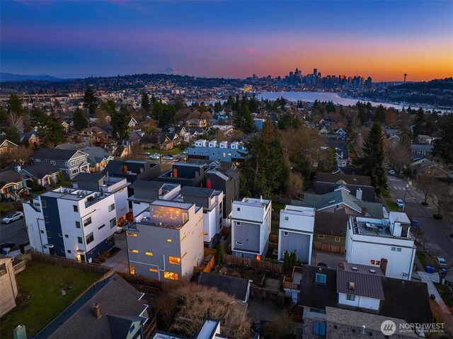 view of aerial view at dusk