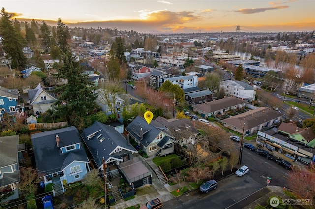 view of aerial view at dusk