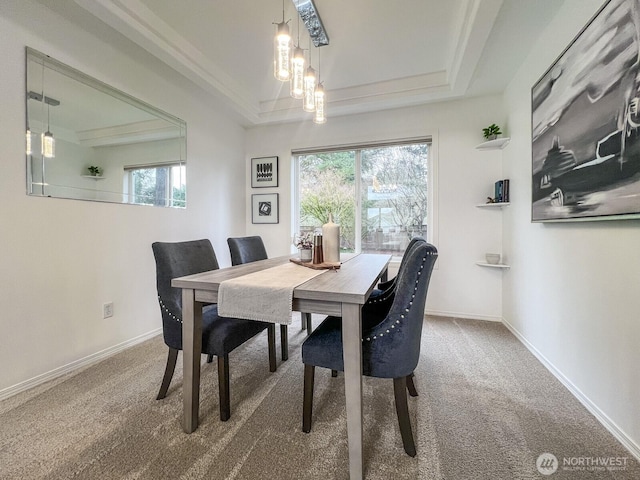 carpeted dining area featuring a tray ceiling and baseboards