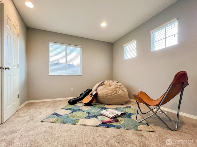 game room featuring a wealth of natural light, baseboards, recessed lighting, and carpet flooring