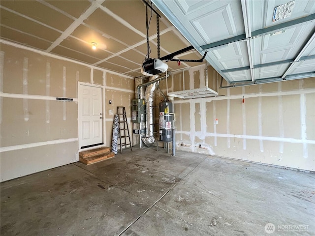 garage featuring secured water heater, a garage door opener, and water heater