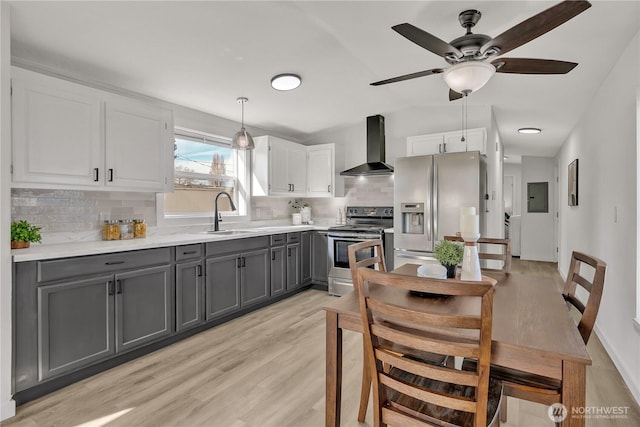 kitchen featuring gray cabinetry, stainless steel appliances, a sink, white cabinetry, and wall chimney exhaust hood