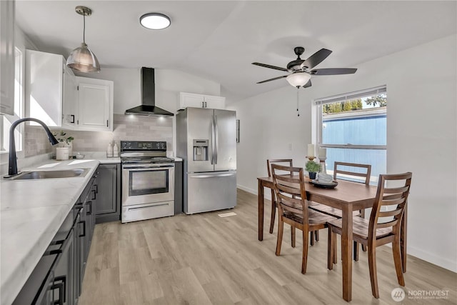 kitchen with stainless steel appliances, wall chimney range hood, a sink, and tasteful backsplash