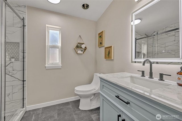 full bathroom with toilet, vanity, baseboards, marble finish floor, and a marble finish shower