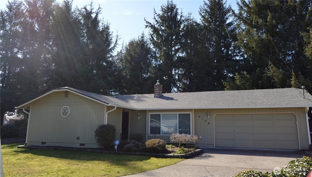 ranch-style house with an attached garage, concrete driveway, crawl space, a front lawn, and a chimney