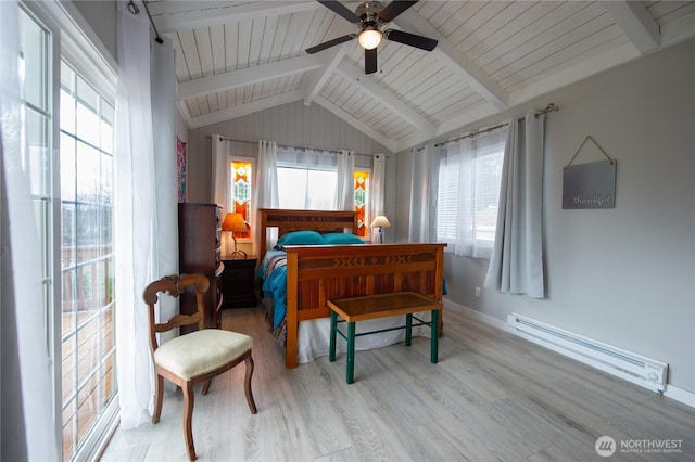 bedroom with a baseboard heating unit, multiple windows, lofted ceiling with beams, and wood finished floors