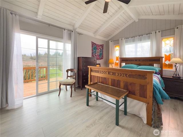 bedroom with vaulted ceiling with beams, ceiling fan, wooden ceiling, wood finished floors, and access to outside